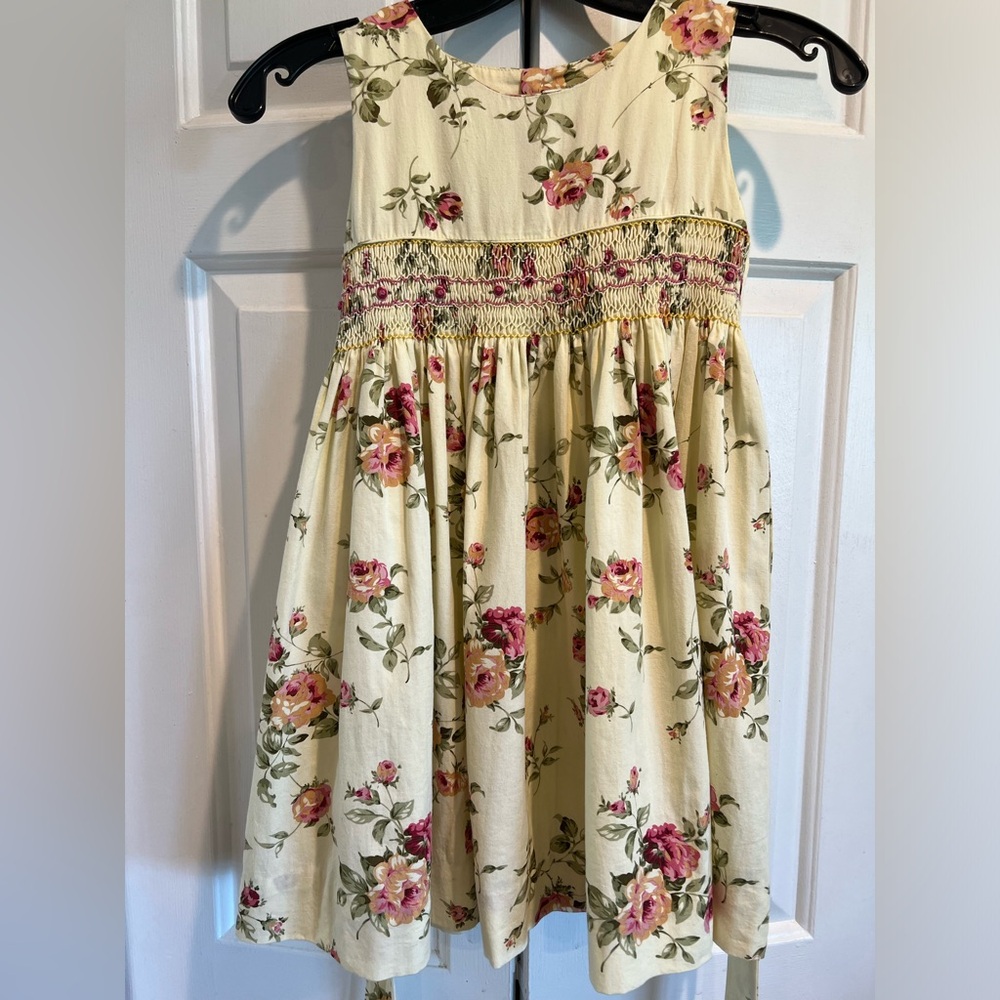 Soft Yellow , Sleeveless Dress by ROYAL CHILD- Smocking Border, Rose Print